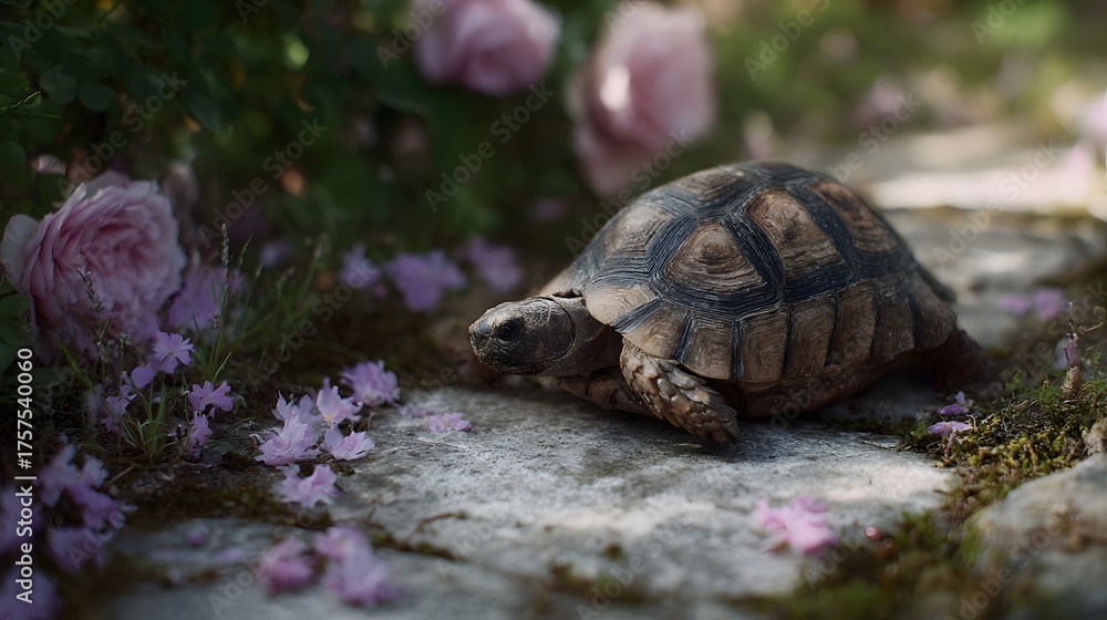 Fototapeta premium A tortoise slowly walks along a garden path surrounded by blooming pink roses and delicate purple flowers