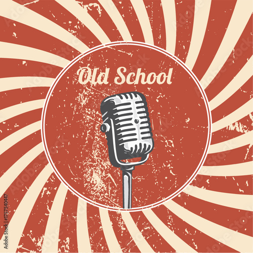 Vintage old school microphone in retro red striped circle background
