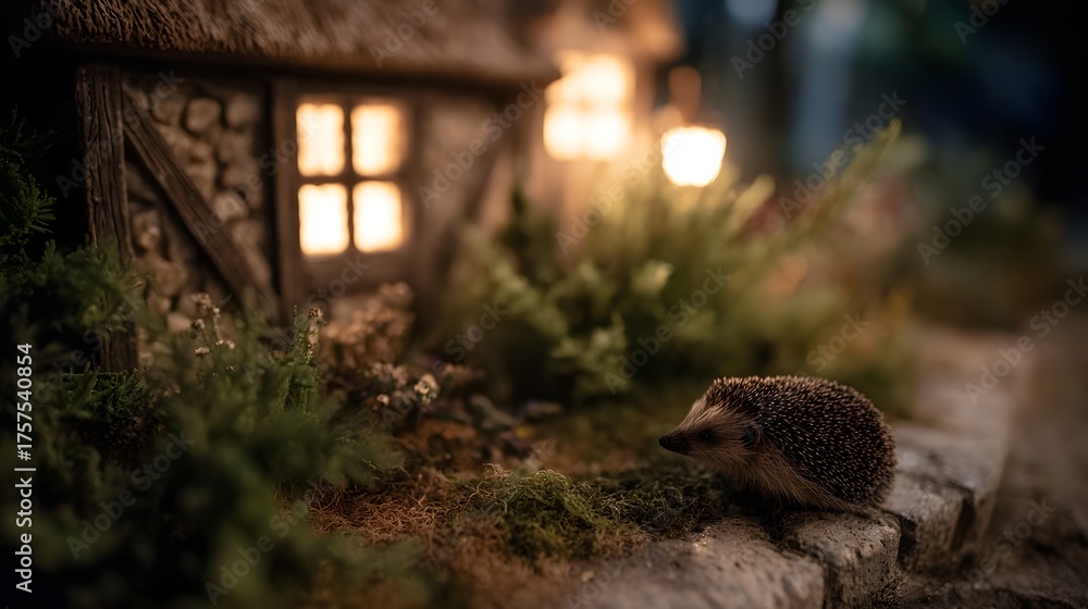 Obraz premium A charming miniature hedgehog explores a rustic toy cottage village at night illuminated by warm glowing lamps and window light