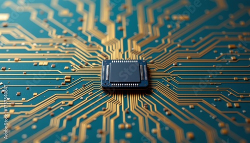 Macro view of a central processor technology hub digital circuitry high-tech environment close-up perspective innovation impact