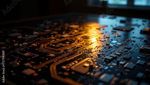 Close-up of glowing orange circuit board technology lab macro photography indoor dynamic lighting