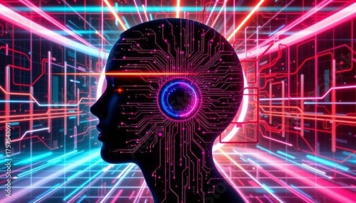 Dynamic silhouette of a human profile with digital circuitry futuristic environment abstract art concept