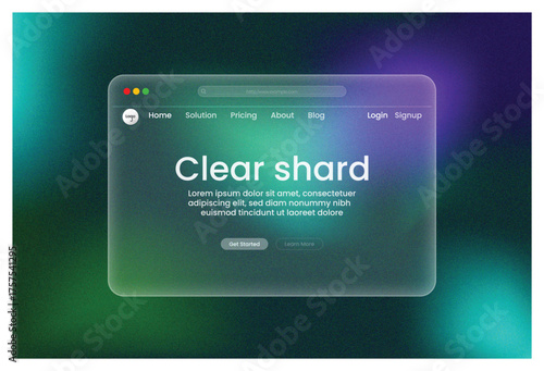 Web Design, Clear Shard UI Window Dark Green Gradient Minimalist, Frosted Glass Morphism Landing Page Concept      