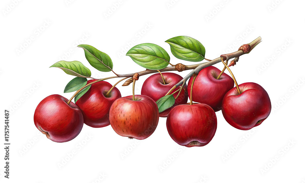Obraz premium Detailed illustration of six red apples hanging from a branch with leaves