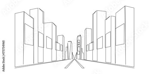 City landscape panorama in one continuous line drawing. Modern buildings and skyscrapers in cityscape in simple linear style. Perspective blueprint in editable stroke. Doodle vector illustration