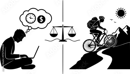 Work-Life Balance Silhouette Vector - Remote Work, Freelancer & Outdoor Leisure Activity Icons in Black Outline