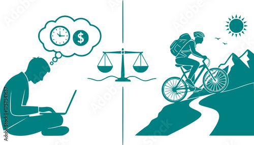 Work-Life Balance Silhouette Vector - Remote Work, Freelancer & Outdoor Leisure Activity Icons in Black Outline