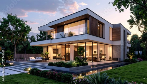 Wallpaper Mural Modern architectural design of a spacious house with large windows and landscaped garden at sunset Torontodigital.ca