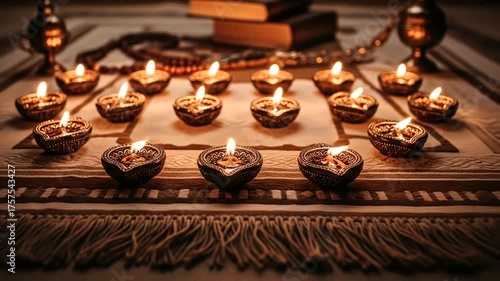 Warmly lit decorative candles arranged on a table with books and prayer beads