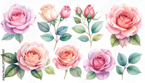 Beautiful watercolor illustrations of delicate roses in soft pastel shades, perfect for romantic designs and elegant themes