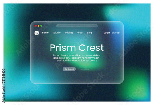 Web Page, Prism Crest UI Window Blue Teal Green Gradient, Glass Morphism Landing Template Abstract Design