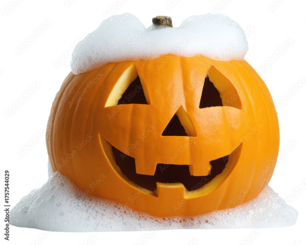 Fototapeta premium A carved pumpkin with a smiling face, topped with foamy bubbles, representing Halloween festivities.