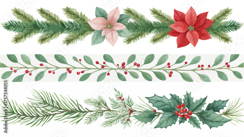 Watercolor Christmas Decorative Borders with Flowers and Pine