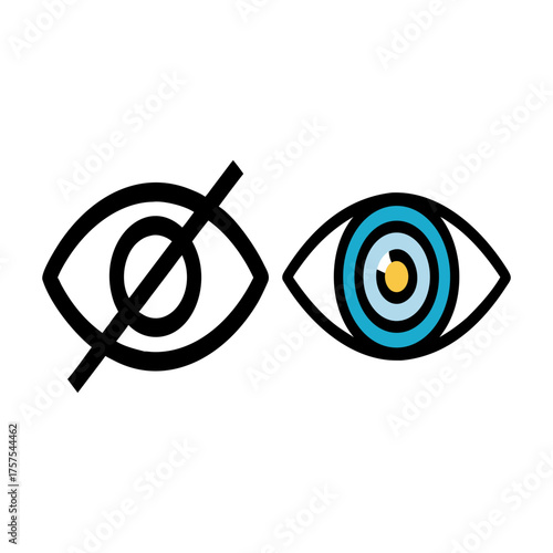 Two stylized eyes one crossed out and one open representing visibility and invisibility