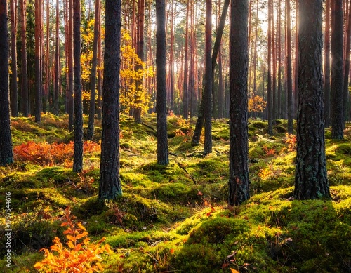 Sunlight filters through a forest of tall trees, illuminating the mossy ground.