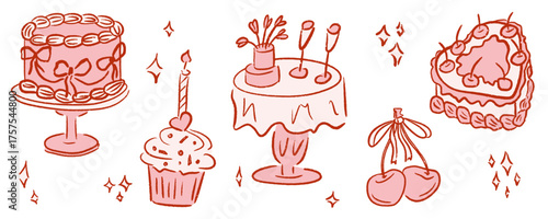 Happy Birthday whimsical doodle icon with heart cherry, cupcake and bow for a party. Hand drawn vector pink and red sketch dinner table with glasses for anniversary. Outline design for festive event.