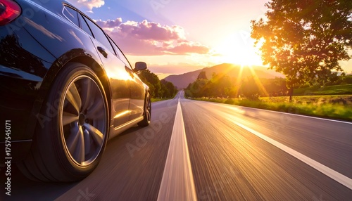 Scenic sunset drive along a winding road with mountains in the background and vibrant skies