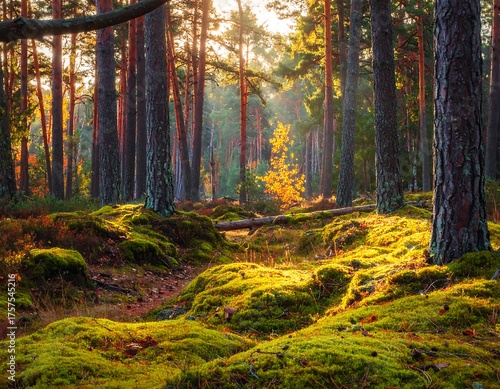 Sunlight filters through a forest of tall trees, illuminating mossy ground and creating a serene atmosphere.