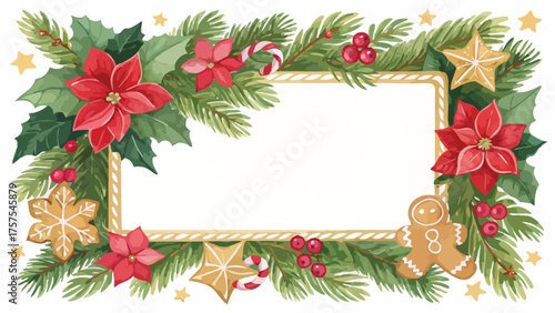 Christmas Wreath Frame With Poinsettias And Gingerbread Keywords: Christmas, wreath, frame