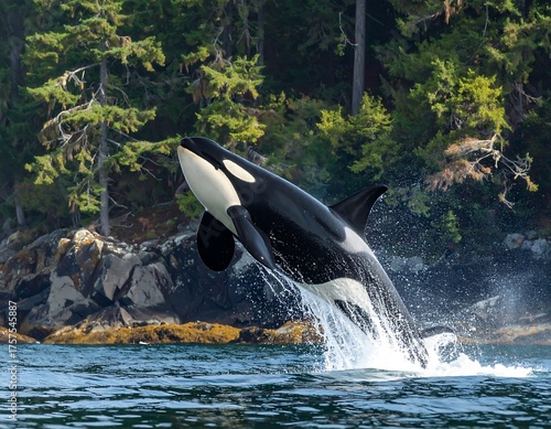 A killer whale leaps out of the water near a rocky shore with evergreen trees in the background.