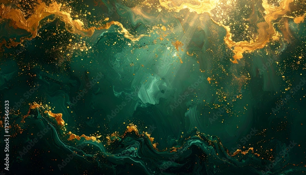 Obraz premium Abstract oceanic scene with golden light rays piercing through turquoise waves, creating a serene atmosphere