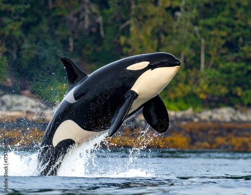 Orca whale leaping out of the water near a forested shoreline.