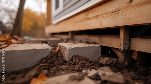 Wallpaper Mural Foundation blocks support a building, visible beneath the wooden structure and siding. Dirt and autumn leaves around the blocks suggest a construction or repair site. Torontodigital.ca