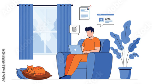 Vector art of man working on laptop at home with cat sleeping in the background concept of remote work, freelance, online education, or leisure time