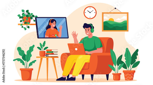 Vector art of man on video call with friend at home concept of remote communication, online meeting, virtual connection, or social distancing during pandemic