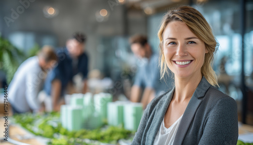 Retrato profesional en entorno inmobiliario, capturando liderazgo femenino, visión estratégica y desarrollo urbano contemporáneo.Mujer sonriente con brazos cruzados frente a maqueta arquitectónica.