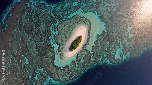 Aerial View of Tropical Island Surrounded by Coral Reef and Turquoise Water