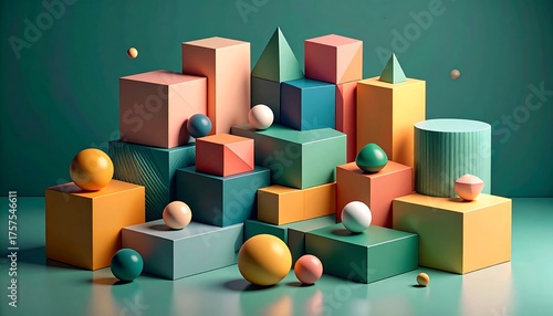 Fototapeta Naklejka Na Ścianę i Meble -  Geometric pastel shapes arranged in a stack, creating a visually appealing and abstract composition against a green backdrop
