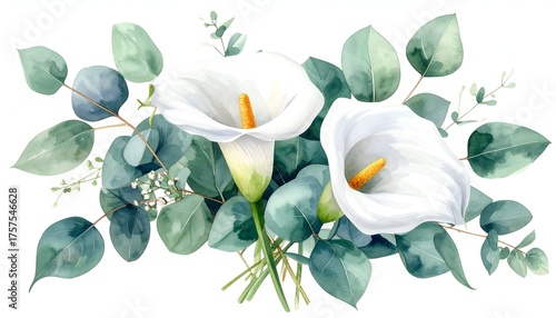 Elegant watercolor illustration of white calla lilies surrounded by lush green foliage on a clean background
