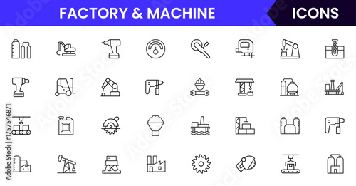 Factory & Machine vector web line icon collection, sleek illustrations of industrial tools, EV production, and automated manufacturing systems.