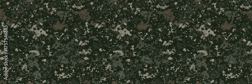 Dark green grunge camouflage texture with brown and beige splotches. Grunge texture background with dark green, brown, and white speckles. Military seamless pattern.