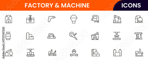 Factory & Machine vector web line icon collection, sleek illustrations of industrial tools, EV production, and automated manufacturing systems.