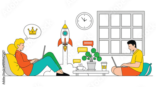 Vector art of two people are working on laptops in a room, one is sitting on a beanbag and the other is sitting on the floor
