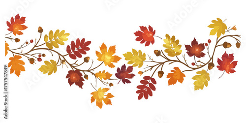 Festive Autumn Garland Seamless Pattern with Glowing Leaves, Realistic Vector Design

