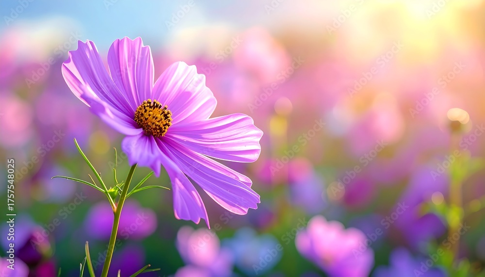 Obraz premium Pink cosmos flower close-up in a field of out-of-focus flowers, bathed in sunlight. Serene and delicate floral scene