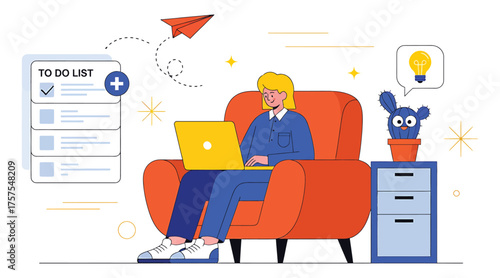 Vector art of a woman is working on a laptop in a cozy armchair, managing tasks with a digital todo list, and finding inspiration in a creative workspace