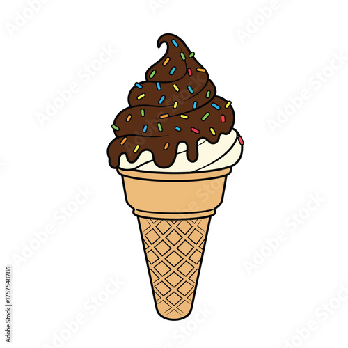 Chocolate dipped waffle cone with sprinkles, cute and colorful flat vector style.
