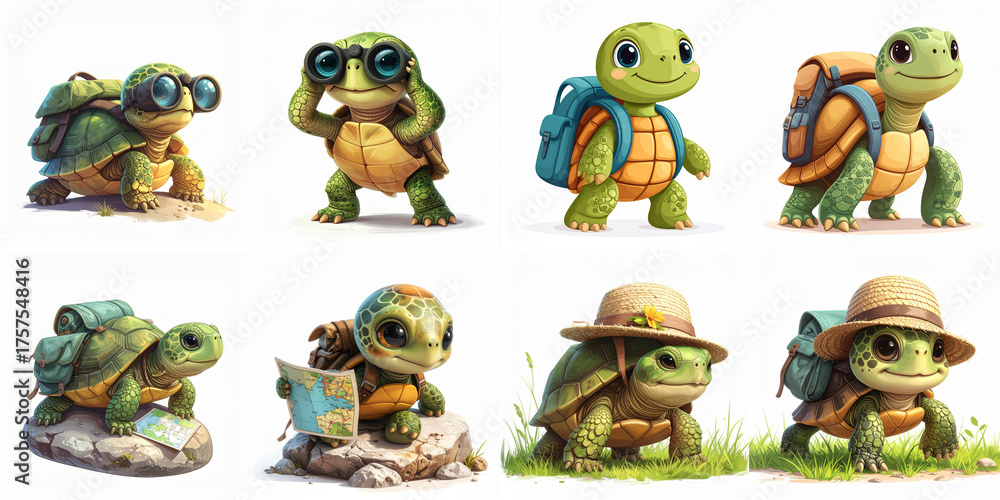 Naklejka premium Cute Little Turtle on Adventure – Soft Pastel Children’s Illustration, generated ai