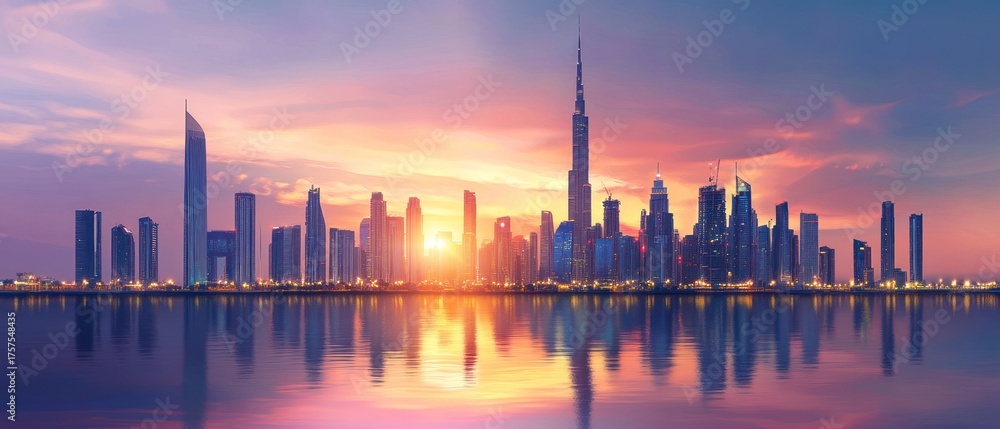 Obraz premium City skyline sunset reflection modern urban architecture panorama