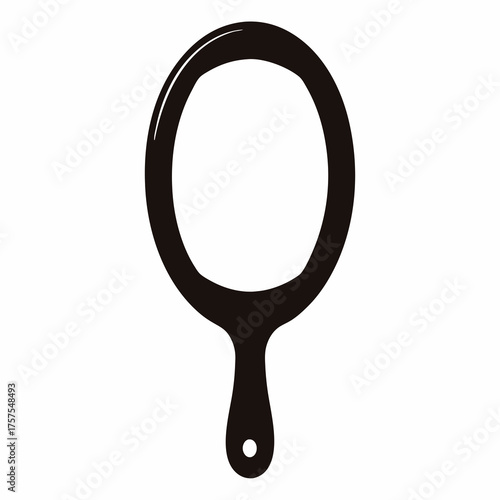 Isolated black and white image of a round hand mirror with handle