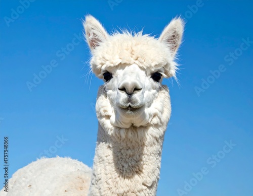 Close-up of a white alpaca against a clear blue sky, showcasing its fluffy fleece and gentle expression.