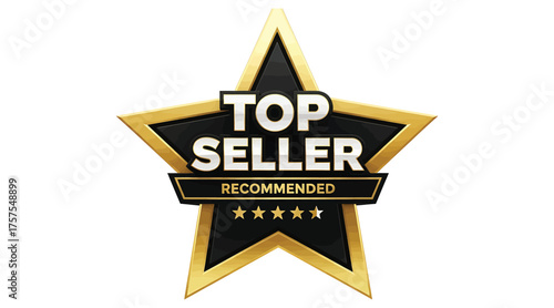 Vector art of top seller recommended golden star a promotional badge featuring a gold star with the text top seller recommended and five stars, ideal for marketing and advertising