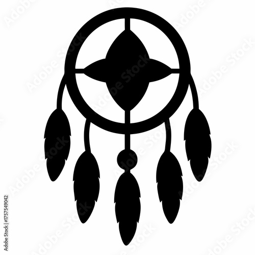 Monochrome Dreamcatcher Silhouette with Feathers and Circular Hoop Design for Prints