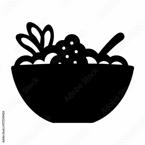 Silhouette illustration of a full bowl with a spoon and decorative greens