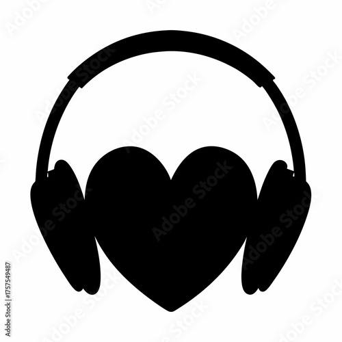 Black silhouette of a heart wearing headphones, symbolizing love for music