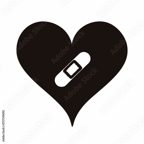 Monochromatic image of a broken heart mended by a bandage, symbolizing healing